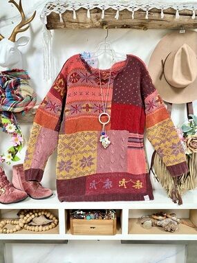 Artisan rustic knit boho sweater w farmhouse/cottagecore cabin vibe